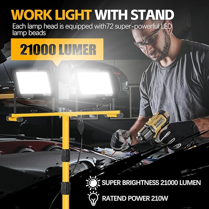 Work Lights with Stand, 21000 Lumen, 2 Adjustable Heads LED Work Lights, with Adjustable and Foldable Tripod Stand, Waterproof Lamp with Individual Switch with 6500 Kelvin Color Temperature (2-Heads)