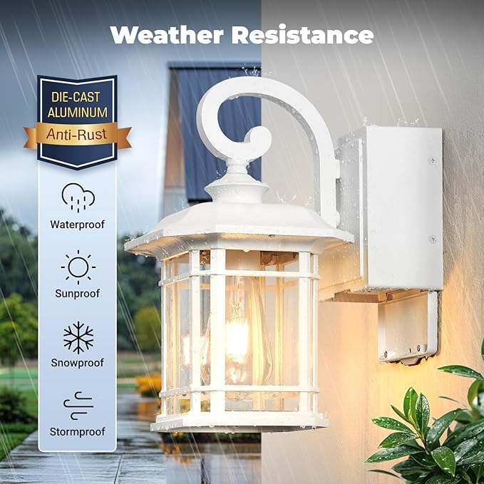 White Porch Light with GFCI Outlet, Dusk to Dawn Outdoor Light Fixture with Seeded Glass, Anti-Rust Waterproof Exterior Lighting Fixtures for Proch, Front Door, Yard, Patio
