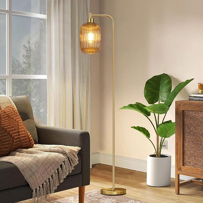 Floor Lamp for Living Room,Bedroom,Gold Dimmable Standing Lamp with Remote,Mid Century Modern Brass Tall Lamp Retro Vintage Glass Lamp Floor Light Boho Bohemian