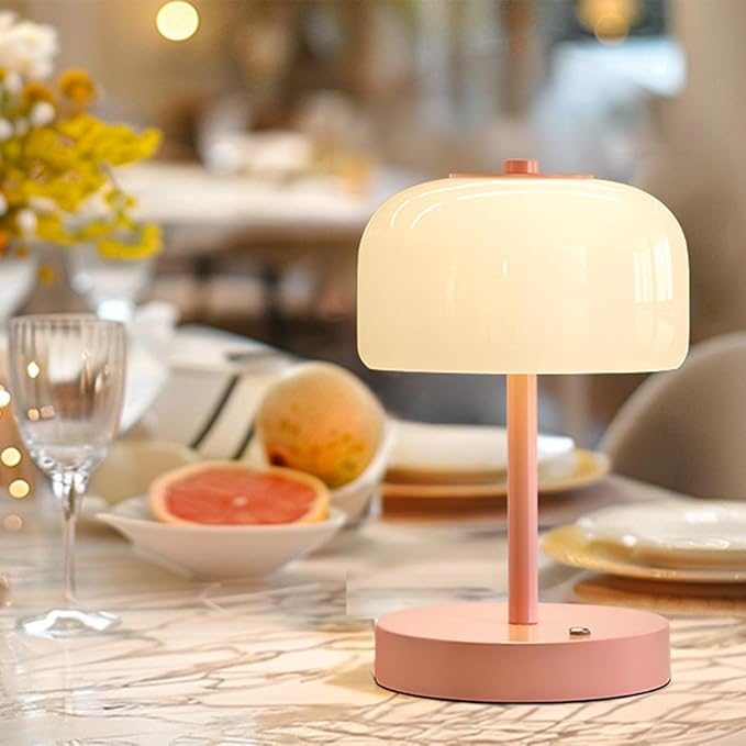 Oneach Portable Cordless Table Lamp, Rechargeable Battery Powered Lamp with Opal Glass Shade, 3-Way Dimmable LED Touch Mushroom Table Lamp for Bedroom, Bedside, Living Room, Dining Room, Patio, Pink
