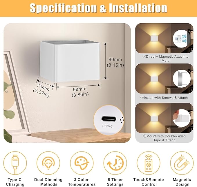 Yochoice Motion Sensor Wall Light with Remote Control, 6000mAh White Wireless Touch Control Rechargeable Wall Lamps with 3 Color Temperatures, LED Up Down Battery Operated Wall Lights Indoor, 4-Pack