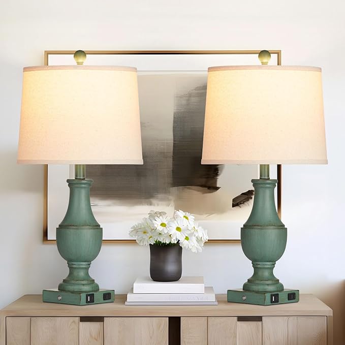 Farmhouse Table Lamps for Living Room, Rustic Touch Control Bedside Lamps with USB A+C Charging Ports & AC Outlet, Vintage 3-Way Dimmable Traditional Classic Nightstand Lamp for Bedroom Office Green