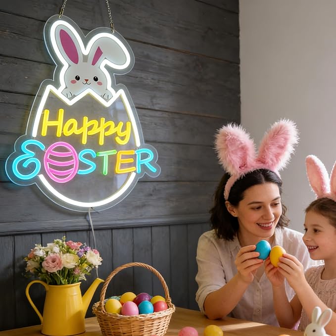 Easter Decorations LED Neon Sign 15 In Happy Easter Neon Sign LED Rabbit Egg Window Lights Home Party Indoor Outdoor Wall Bunny Decor Light Up Sign for Bedroom Easter Birthday Party Decor