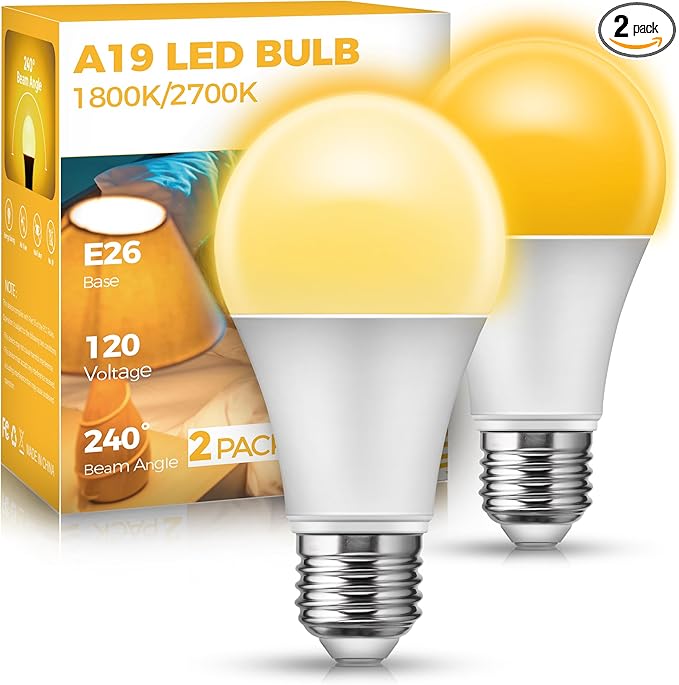 JandCase Warm Light Bulbs, LED Amber Light Bulb for Sleep, 2700K & 1800K Sleep Light Bulbs, Blue Light Blocking, E26 A19 Warm Light for Bedroom, Nursery, 2 Pack