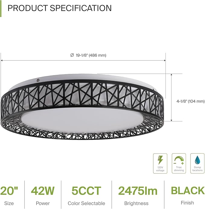 ASD 20 Inch LED Flush Mount Ceiling Light Fixture for Bedroom, 42W 2475LM 5CCT 2700K-5000K, Triac Dimmable Lights, Dining, Living Room, Kitchen Lamps, Modern Home Lighting Fixtures, Black, ETL