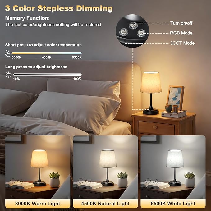 Small Cordless Table Lamp Rechargeable,5000mAh Battery Operated Desk Lamp,3 Colors & 7 RGB Stepless Dimmable,Touch Ambient Light for Bedside,Bedroom,Dining Room,Living Room,Black,FlaxenShade
