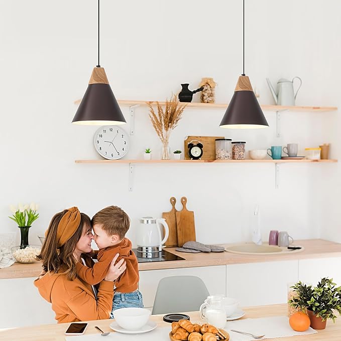 Farmhouse Pendant Light, Brown Pendant Light 2 Packs 9.4inch, Kitchen Pendant Lights, Pendant Lights Kitchen Island for Kitchen, Bedroom, Bar