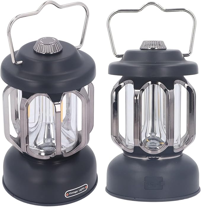 Retro Camping Lantern, Rechargeable LED Tent Lamp with 3 Light Modes, Dimmable Vintage Camping Light with Hook, USB Type C Portable Lantern for Garden Outdoor (Black)