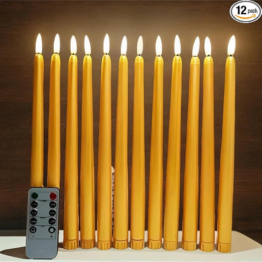 Gold Flameless Taper Candles with Remote, Flickering Christmas LED Candlesticks Battery Operated Set of 12