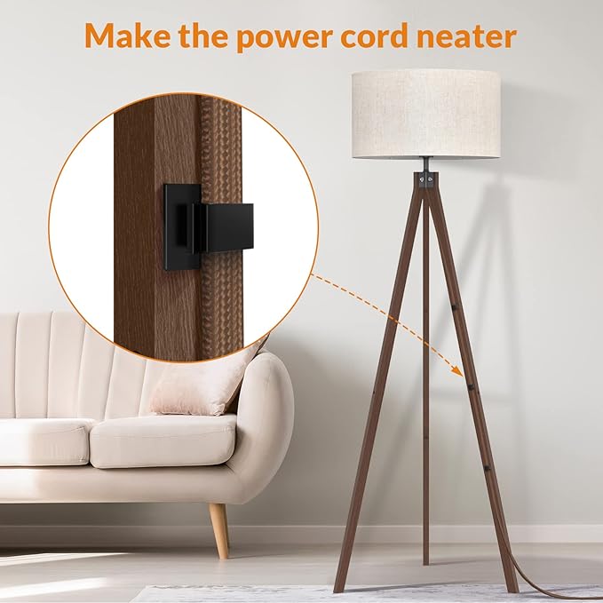 LEPOWER Wood Tripod Floor Lamp, Mid Century Standing Lamp, Modern Design Studying Light for Living Room, Bedroom, Study Room and Office, Flaxen Lamp Shade with E26 Base Dark Brown
