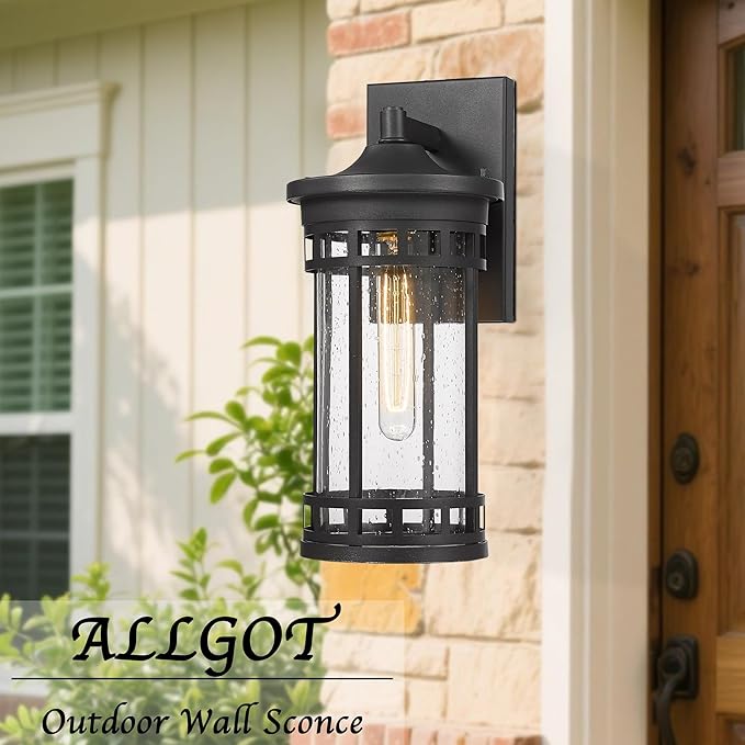 Outdoor Wall Sconce, Farmhouse Outdoor Wall Lantern with Seeded Glass ,Waterproof Exterior Lighting Fixture, Anti-Rust lamp Light for Patio Yard House Hallway Doorway Garage (Black,14.93 Inch Height)