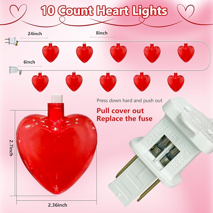Valentine Day Lights Plug in, Red Heart Shaped String Lights 8.5FT, LED Valentine Heart Lights for Indoor Outdoor Decor, UL Listed, IP44 Waterproof