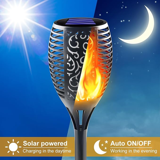 Large Solar Torch Light with Flickering Flame, 6 Pack Upgraded Outdoor Decorative Solar Tiki Torches - Super Bright LED Landscape Lighting for Yard, Garden, Patio & Pathway Decor, Auto On/Off