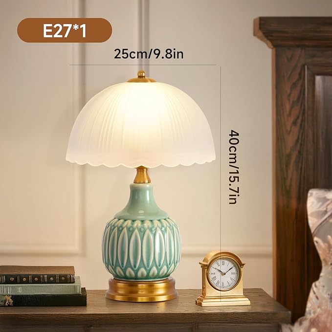 Vintage Lamp for Living Room,16" Modern Ceramic Table Lamps for Bedroom,Retro Bedside Nightstand Traditional Lamps, Classic Chinoiserie Green Lamp for Home Decor (French Country)