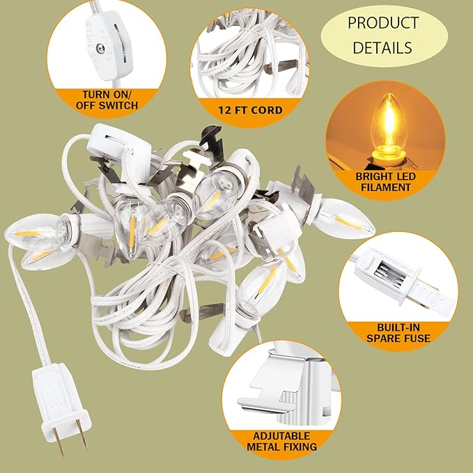 Christmas Village Lights-C7 Blow Molded Light Cord wth 6 LED Bulbs Length 12 Feet.Suitable for Christmas House, Halloween Pumpkin, Salt Lamps，Holiday Lighting Etc（2Pcs）