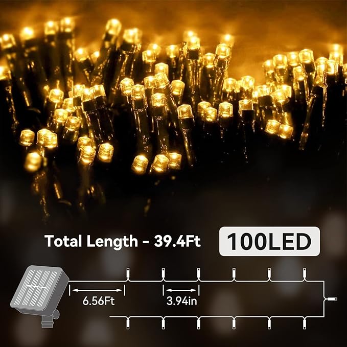 Solar String Lights Outdoor Waterproof Ultra Bright Fairy Light 2pack 100L 8 Modes Garden Light Christmas Tree Decorations Outdoor Lights for Christmas,Thanksgiving Yard Party Wedding (Warm White）
