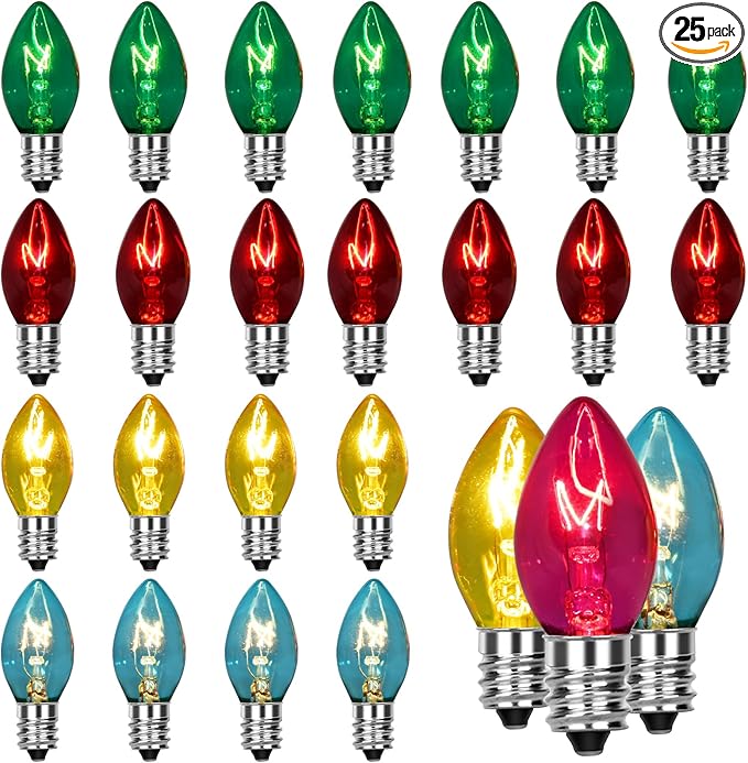 25 Pack C7 Christmas Lights Replacement Bulbs,Clear Multicolor Glass Incandescent Light Bulbs,C7/E12 Candelabra Base 5 Watt for Indoor Outdoor String Light,Tree, Christmas Lights