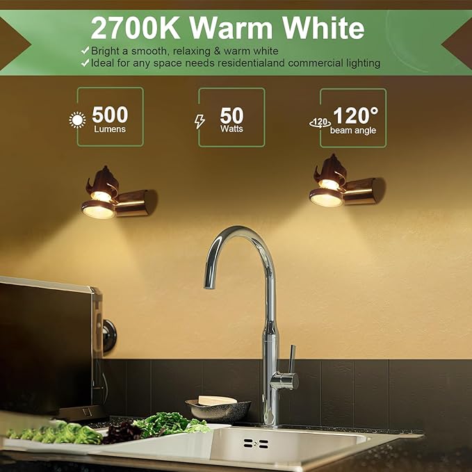 GU10 120V 50W Halogen Light Bulbs for Track and Range Hood, GU10+C Candle Warmer Lamp with Dimmable, 2700K Warm White, 6000+Hours Long-Lasting Pack of 6