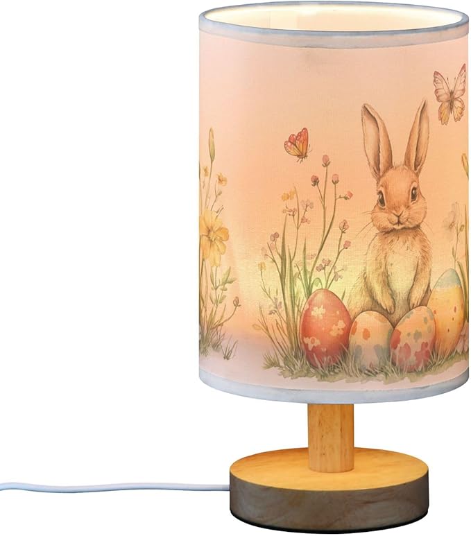 Watercolor Easter Bunny Butterfly Egg Floral Table Lamp with Wood Base Fabric Lamp Shade Bedside Nightstand Desk Lamp for Living Room Bedroom Kids Room Office