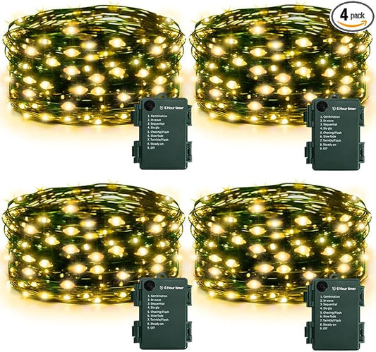 KOUQIYA Christmas Fairy Lights 4 Pack, 18ft 50 LEDs Battery Starry Light with Timer 8 Modes Waterproof Tree Lights for Outdoor Indoor Xmas Garden Party Decor (Warm White, 50 LEDs x 4 Pack)