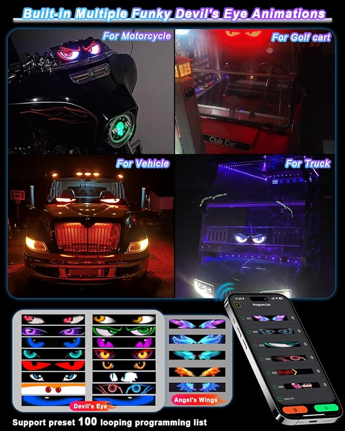 LED Devil Eye Lights for Windshield 15"x4" [Advanced Chip, 100% Synced Dual Screen] Dynamic Flexible Programmable Custom LED Eyes Display for Car Motorcycle Window with Remote & APP Control