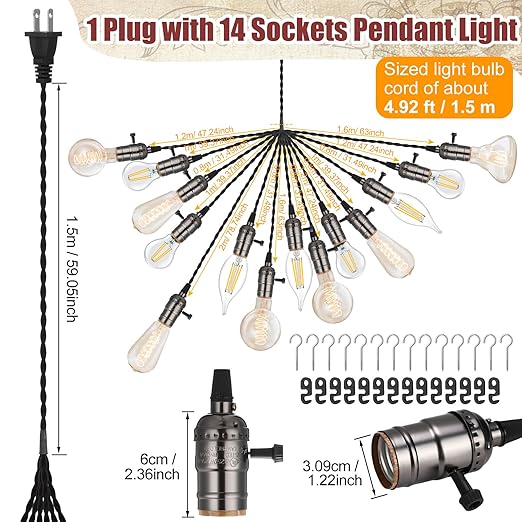 1 Pcs Vintage Pendant Light Sockets Light Cord Kit with Switches DIY Bulb Socket with Cord for E26 E27 Lamp Socket Lantern Bedroom Living Room Decor (1 Plug with 14 Sockets,Black)