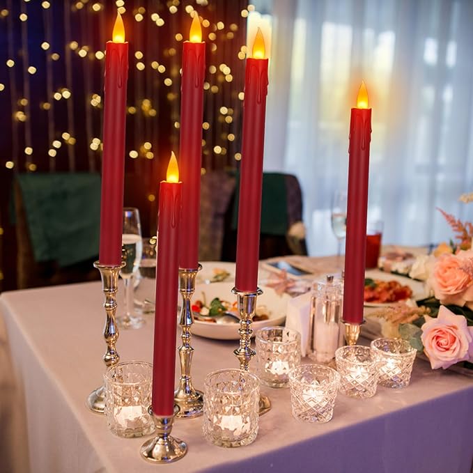 6 Pcs Burgundy Flameless Taper Candles with Remote, 10" White Battery Operated Led Candlesticks with Flickering 3D Flame, Fake Taper Candles for Halloween Anniversaries Dinner Home Décor