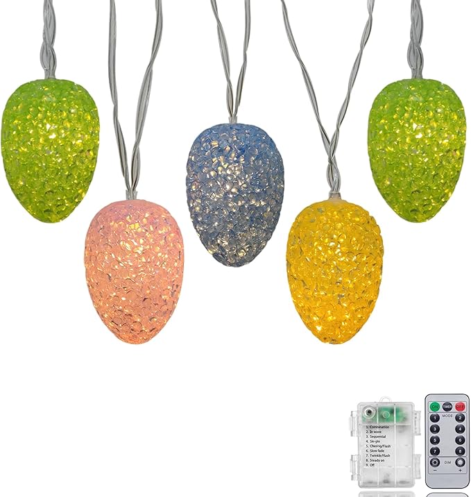 Easter Egg String Lights Battery Powered 6.8Ft Easter Lights String 10 LED Egg Shaped Light with Timer, Outdoor Pastel Light for Indoor Home Party Spring Themed Bedroom Fireplace Decor