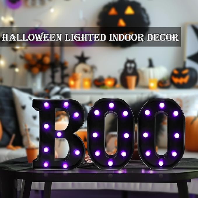 Halloween Decorations Indoor - Boo 3 Pack LED Light Up Hanging Letters Black Boo Signs Light for Indoor Halloween Decor Home Table Party Wall Mantel Fireplace Bedroom, Purple Lights