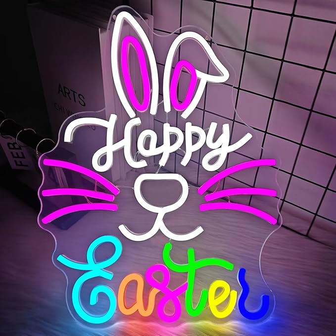 Happy Easter Neon Sign Dimmable Bunny Neon Sign for Wall Decor Led Easter Neon Window Sign, Hanging Neon Light Signs for Party, Bedroom