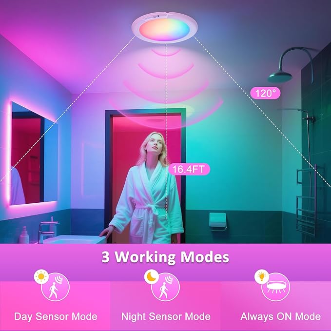 maylit Shower Lights 2 Pack, RGBW Rechargeable Ceiling Light, Waterproof Battery Operated Lamp, Wireless Stick on Inside Motion Sensor Mood LED Lighting for Bathroom No Wiring, Indoor