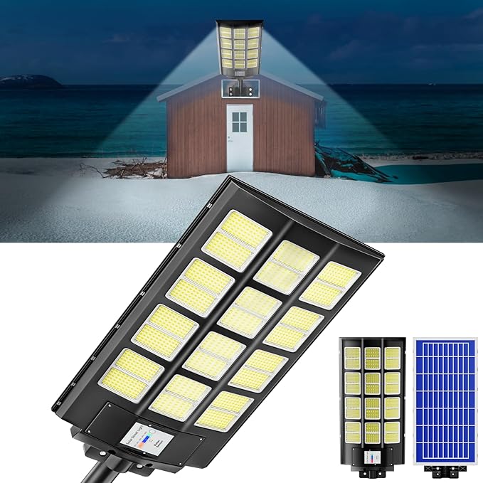 loyoele Solar Street Light 8000W Outdoor Waterproof, Solar Outdoor LED Street Light 120000 Lumens 7000K Dusk to Dawn, LED Wide Angle Lamp with Motion Sensor, for Parking Lot, Yard 1-Pack