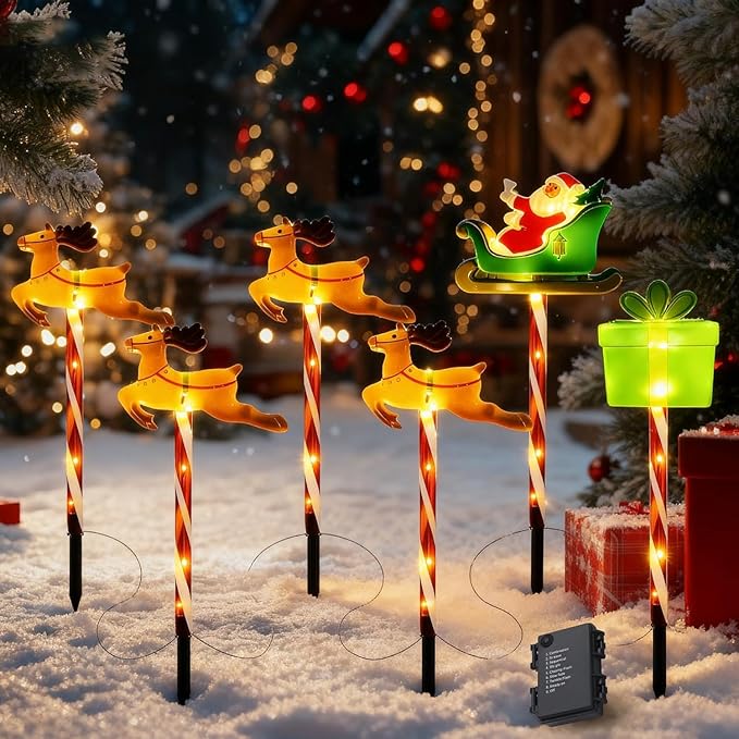 Christmas Pathway Lights Outdoor, 6pcs Candy Cane Reindeer Lights with 8 Modes, Outdoor Christmas Decorations Light, LED Santa Claus Gifts Light for Yard Path Garden Decor (Brown - Reindeer)