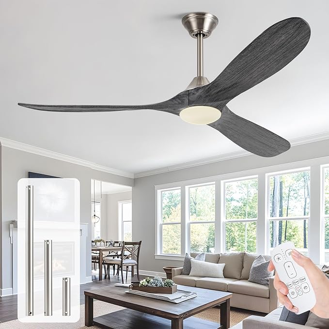 60 Inch Indoor Outdoor Ceiling Fans with Light - Modern Wood Propeller Ceiling Fan with Light 6 Speed Quiet Reversible DC Motor, High Velocity Damp-rated Exterior Ceiling Fan for Patios Bedroom Office