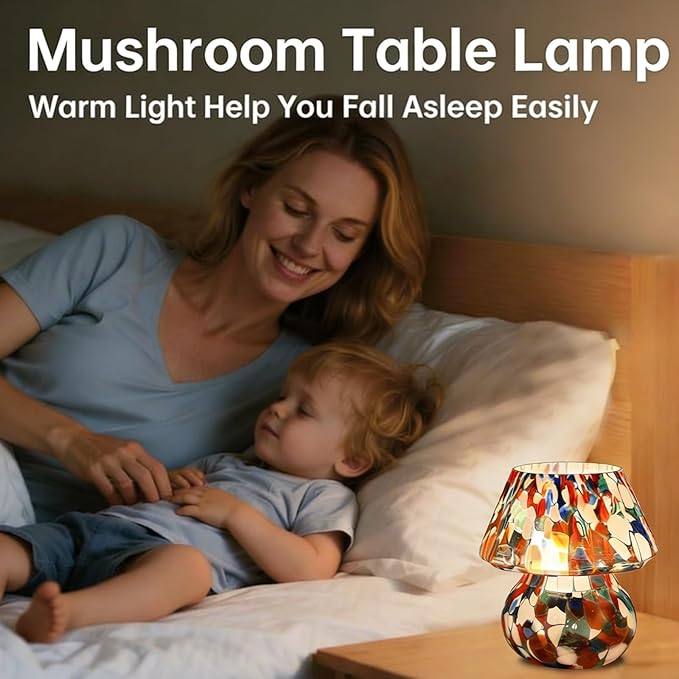 Creative Table lamp, Cute Mushroom Shape, Glass, Medieval Style, Three Lighting Modes, Suitable for bedrooms, Kitchens, Dining Rooms, Living Rooms, and Bookshelf Decoration (Style A)