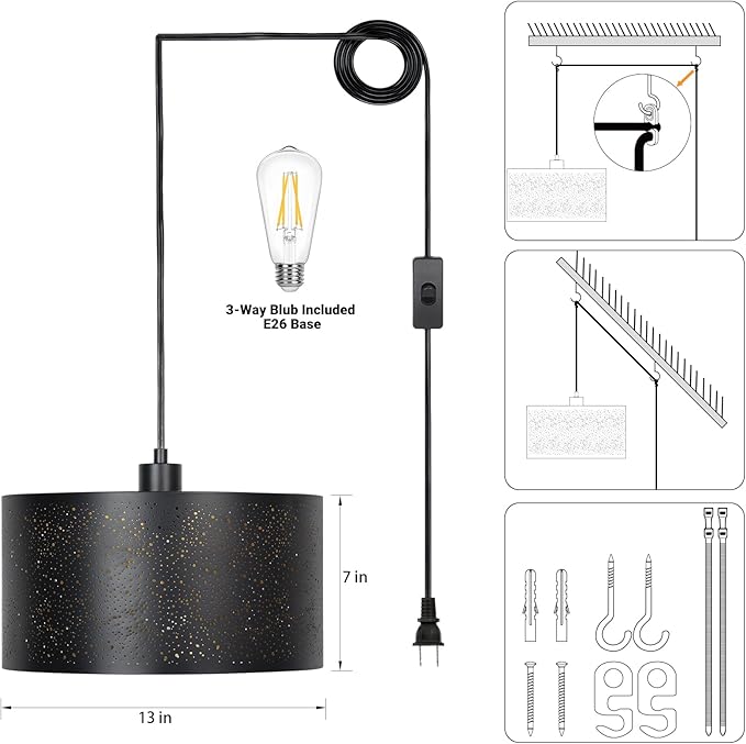 Plug in Pendant Light, Hanging Lamp with Plug in Cord, Rustic Farmhouse Pendant Lights for Kitchen Dining Room Bedroom Entryway, with 3-Way Dimmable Bulb
