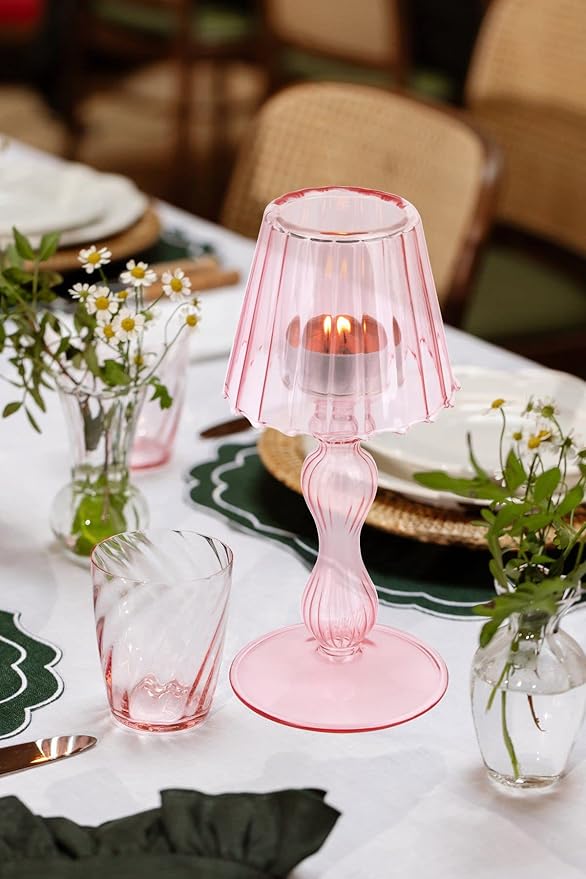 Desk Lamp Shaped Glass Candle Holder - Glass Hurricane Candleholder Crystal Decorative Candle Stand for Table Wedding Dinning Centerpieces Party Supplies Festival Decor Pink