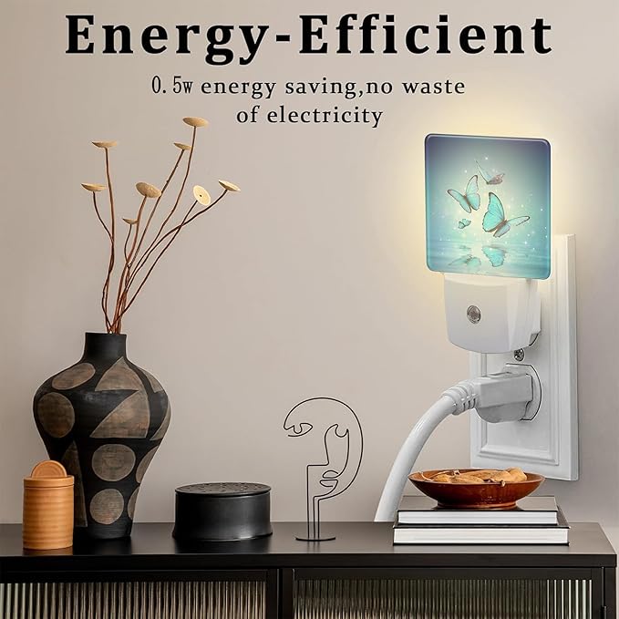 Magic Butterflies on Water Night Light for Kids, Blue Glowing Butterfly Night Light Plug in with Dusk to Dawn Sensor, 0.5w Energy Saving Sleep Friendly Nightlight for Hallway Stairway Kitchen Bedroom
