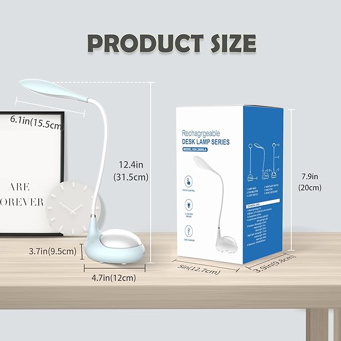 LED Desk Lamp, 2 in 1 Dimmable Reading Lamp, Touch Desk Lamps for Home Office Dorm with 3 Color Modes, Eye-Caring Lamp with USB Port, Gifts for Boys Girls (Blue)
