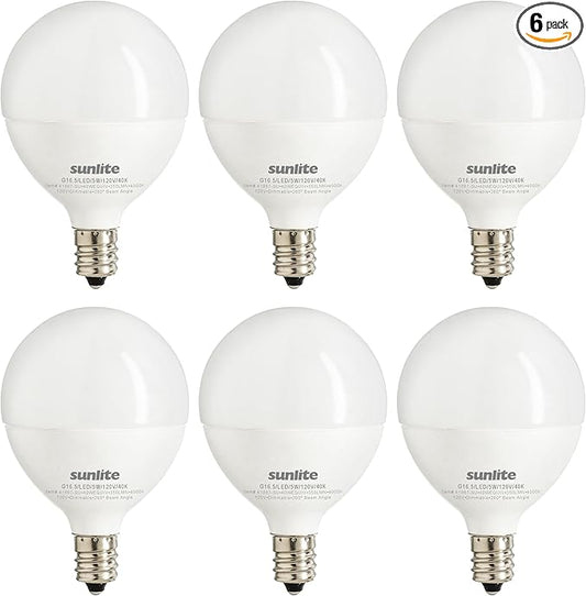 Sunlite G16.5 Light Bulb LED, 5W (40W Equiv.), 350 Lumens, Dimmable, Type G Globe Shape E12 Candelabra Base, Short Bulbs, Vanity Mirror Bulbs, 4000K Cool White, Frosted, 6 Count