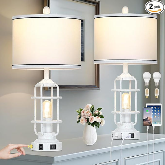 Farmhouse Lamps Set of 2, White Vintage Rustic Industrial Lamps with USB A+C Charging Ports & AC Outlet, 3 Way Dimmable Touch Control Table Lamp with LED Night Light for Living Room Bedrooms Office