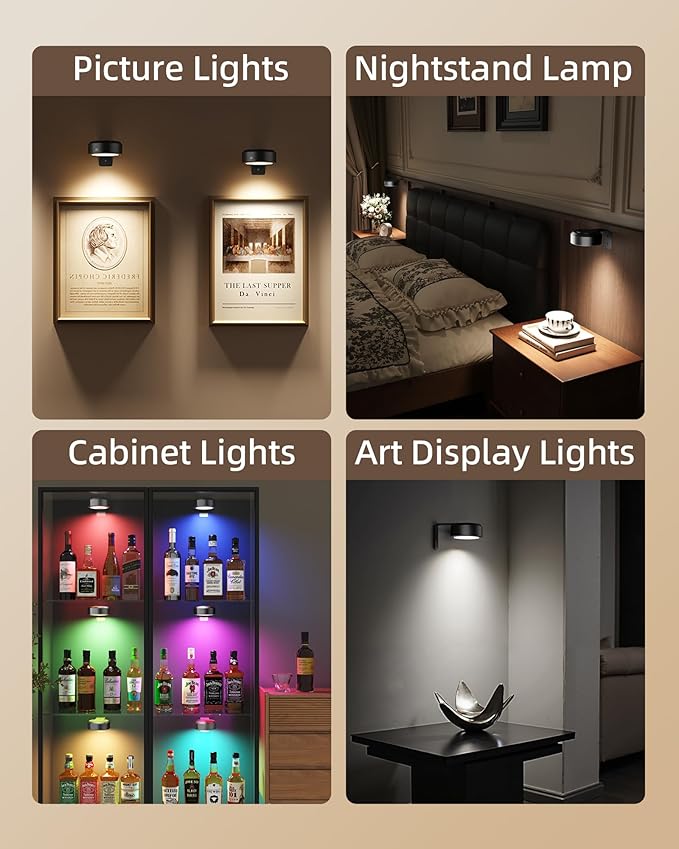 EZVALO Picture Lights for Wall, 2000mAh Rechargeable Battery Magnetic Poster Lights with 3 Color Temps & 12 RGB, Remote Dimmable Timer Painting Light, Wall Decor Light for Art Display, Frame (6 Pack)