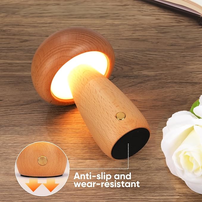 Wooden Mushroom Lamp for Bedroom, Portable Cordless Small Rechargeable Battery Operated Lamp,Stepless Dimming, Night Light for Birthday Gifts