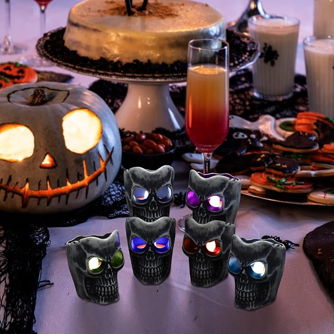 Halloween Decorations - Flameless Skull Candles Light - 6Pack Color-Changing Dripless Realistic Flickering Flame LED Candle Decor for Votive, Halloween Decor, Pumkin, Party, Indoor Outdoor