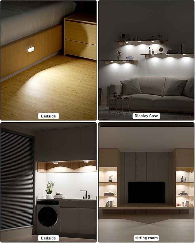 SZOKLED Motion Sensor Puck Lights, Rechargeable Under Cabinet Lights, Stick on LED Night Light for Closet, Drawer, Shelf, White 4Pack, USB Charging Cord Included