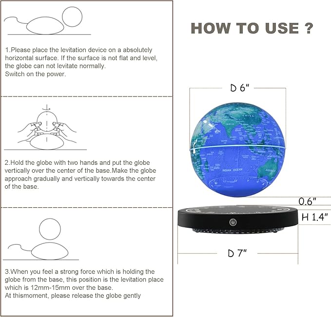 6" World Geographic Globes Floating Globe Lamp Anti Gravity 360 Rotating World Map with LED Light Magnetic Levitating Globe Home Office Desk Decor Creative Birthday Gifts