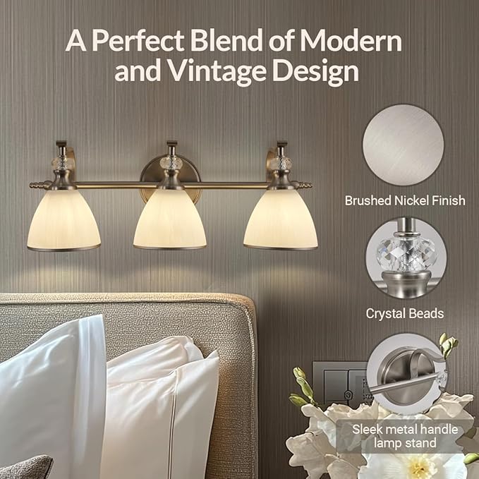 ANDY STAR Bathroom Light Fixture, 3-Light Bathroom Vanity Light Brushed Nickel, Vintage Wall Sconce with Hand-Painted Frosted Lampshade, Wall Lamp in Silver Finish for Bedroom, Living Room, Restroom