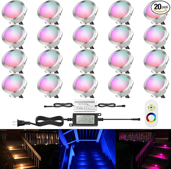LED Outdoor Deck Lights Kits, Φ1.77in RGB 20 Pack Silver, Low Voltage 12 Volt DC IP67 Waterproof, Multi Color Changing Remote Dimmable, Recessed Stair Step Landscape Lighting