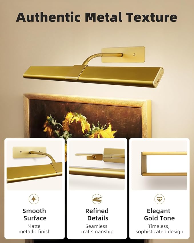 EZVALO Picture Light for Wall, 4800mAh Rechargeable Wireless Remote, 16in Dimmable Magnetic LED Art Display Light with 3 Color Temperatures, for Gallery, Living Room, Bedroom, Hallway (Gold)