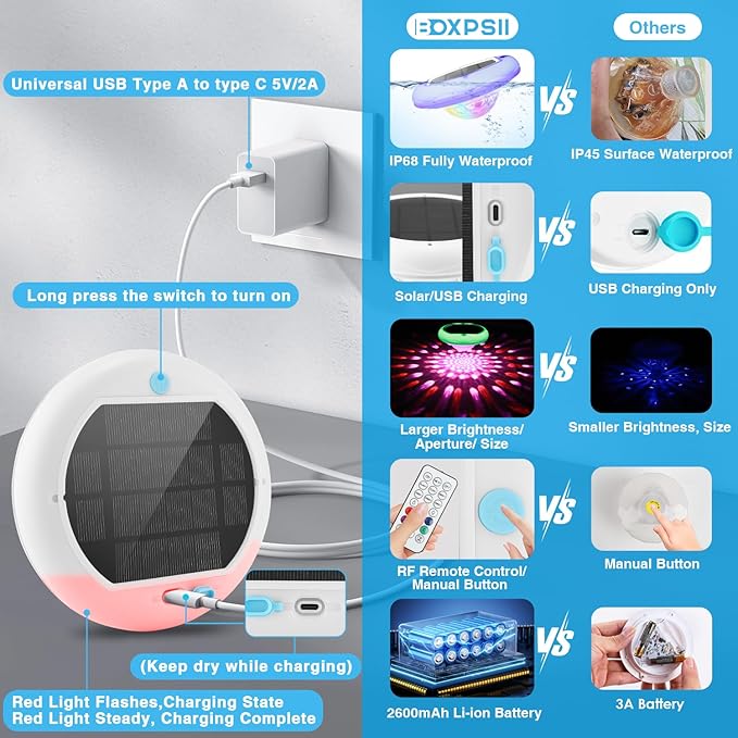 Solar Floating Pool Lights(2 Pack), Rechargeable Pool Lights that Float with Remote, 6.7'' 2600mAh IP68 Waterproof Floating Light 13 Colors Upper and Lower Glow Solar Light for Pools